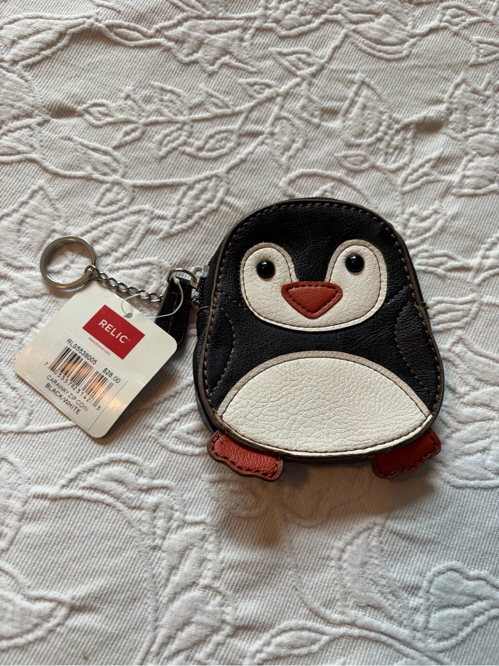 Relic Kids Penguin Coin Purse Keychain - Black, White & Brown-Orange